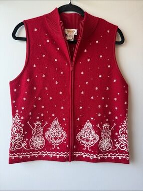 Talbots Red Zip-Front Festive Embroidered beaded snowmen Vest 109% wool MP